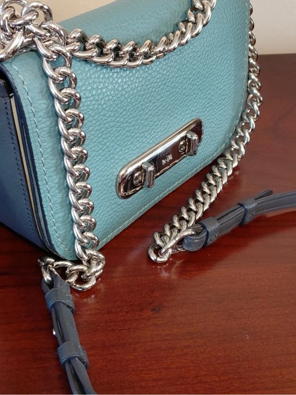 Coach Swagger 20 Shoulder Bag Colorblock Pebble Leather Teal & Blue 24114